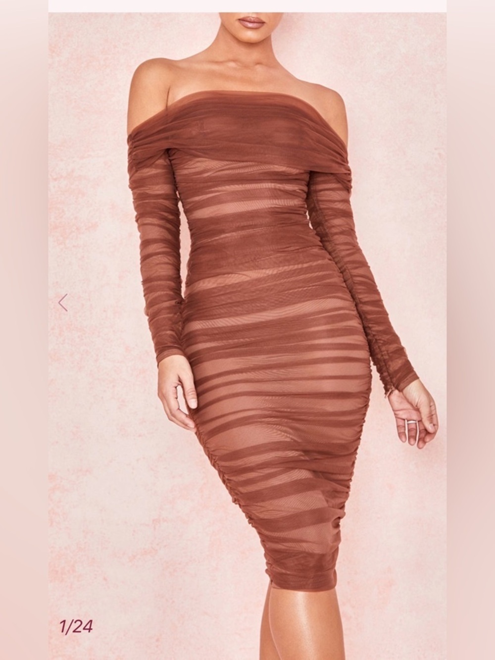 House Of CB Anais Chestnut Tulle Off Shoulder Ruched Dress. Size XS